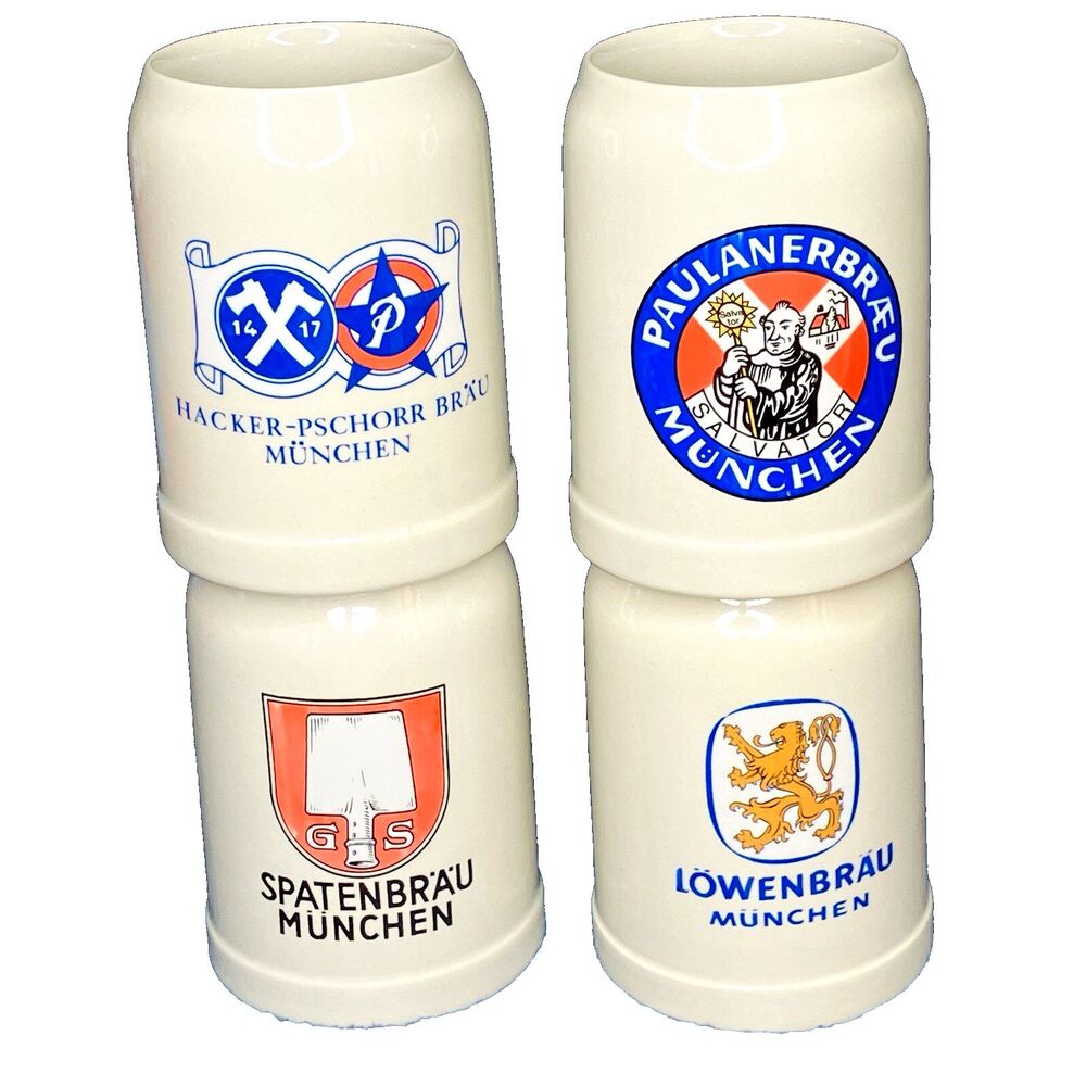 German Beer Steins Mugs 4 Set Stoneware .5 L Hacker Spaten Lowenbrau Paulanger